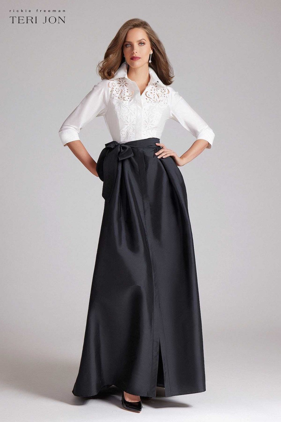 Clothing Teri Jon | Taffeta Eyelet Top Shirt Gown White Black