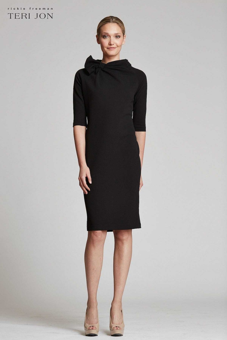 Clothing Teri Jon | 3/4 Sleeve Bow Neck Sheath Dress Black