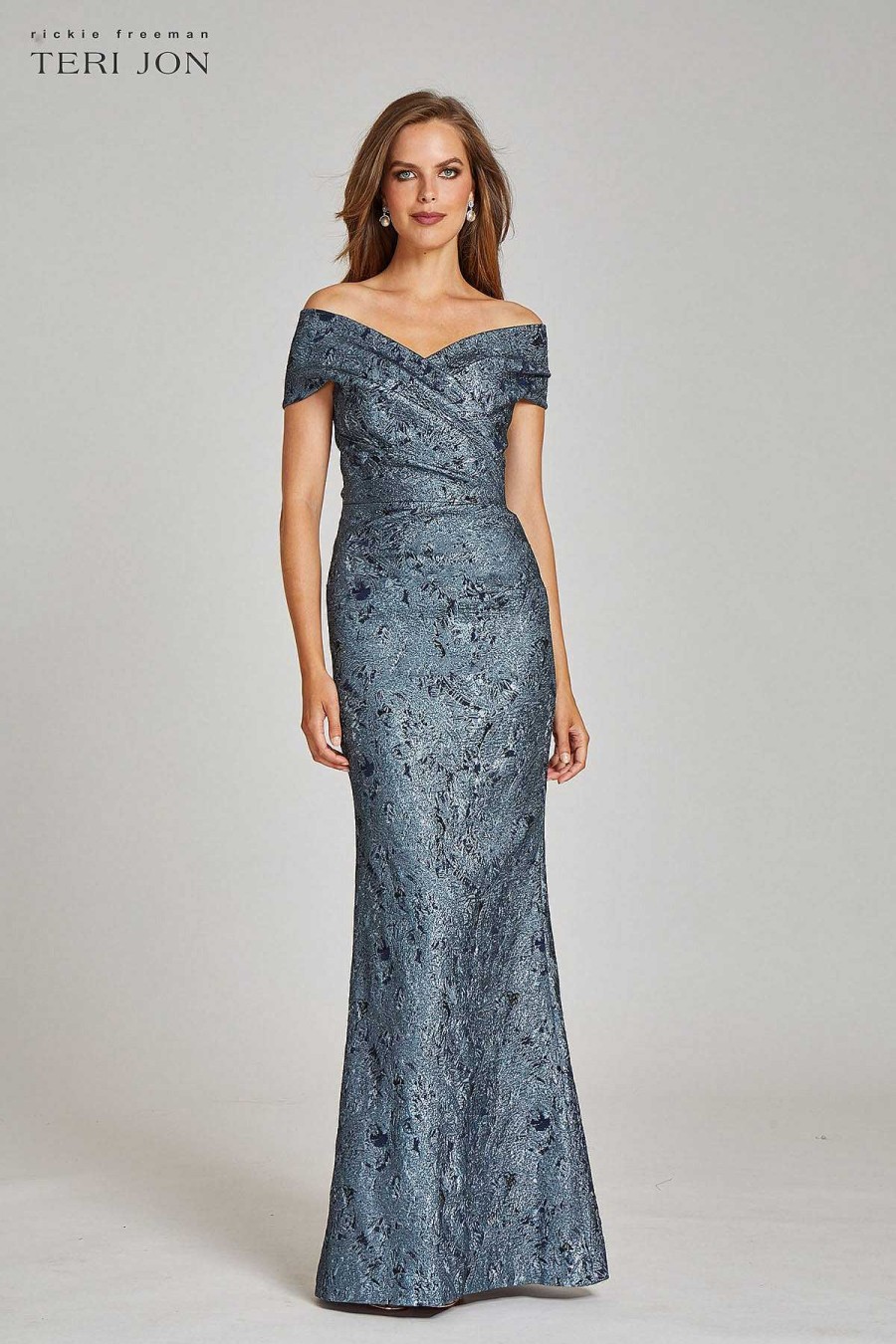 Clothing Teri Jon | Stretch Metallic Jacquard Off The Shoulder Gown