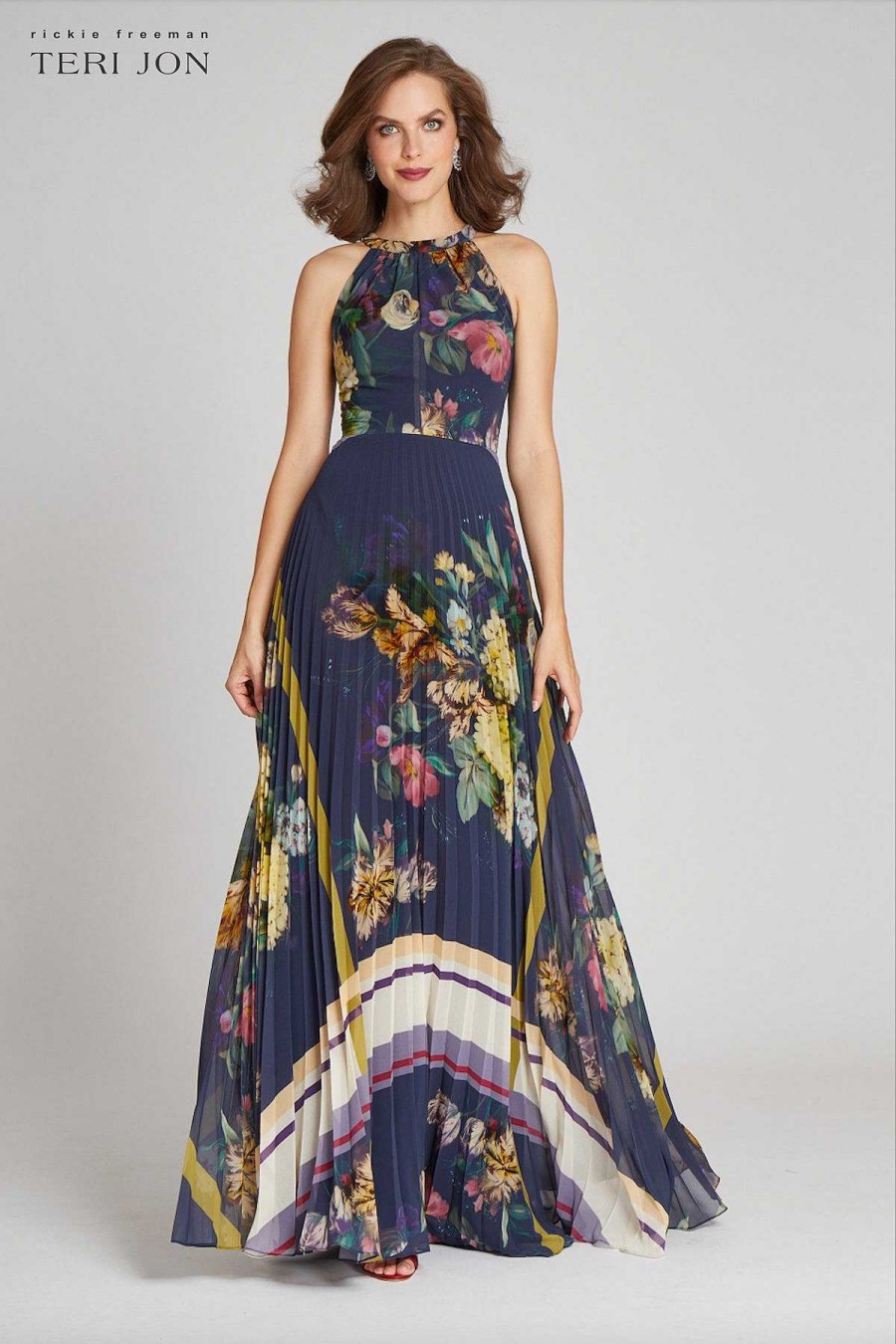 Clothing Teri Jon | Chiffon Large Floral Pleated Halter Gown Navy Multi