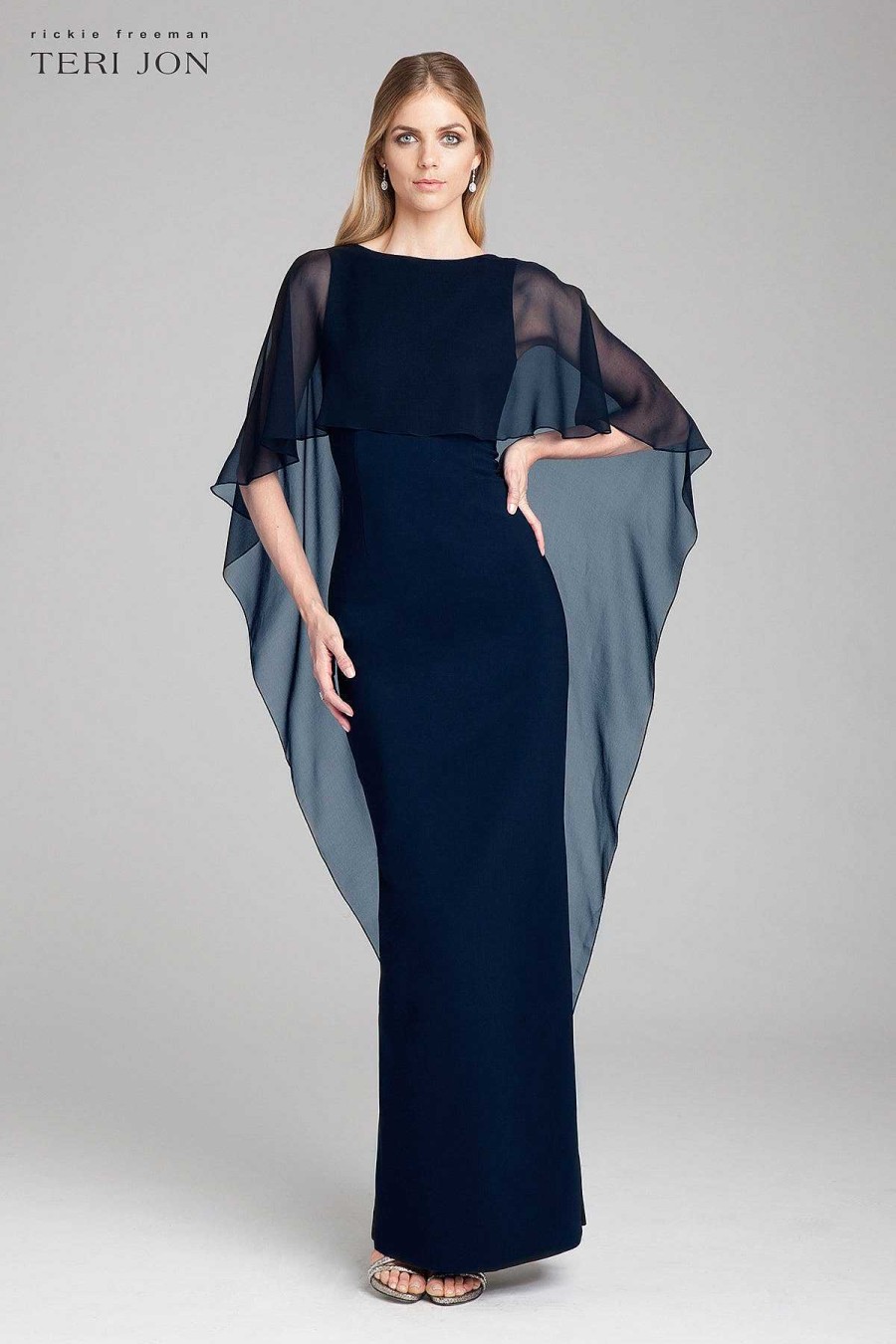 Clothing Teri Jon | Scuba Gown With Chiffon Cape