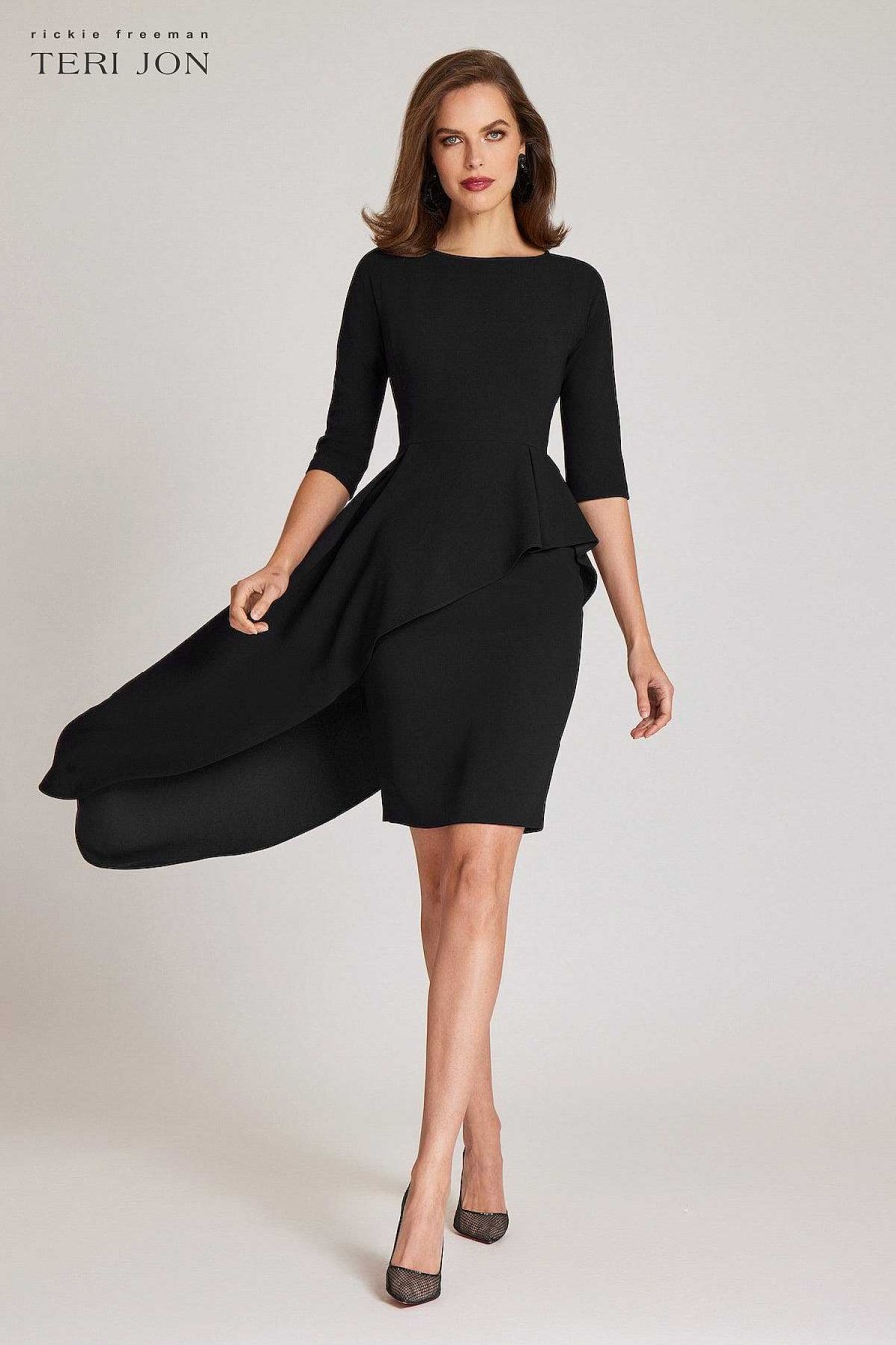 Clothing Teri Jon | Crepe Asymmetrical Peplum Dress Black