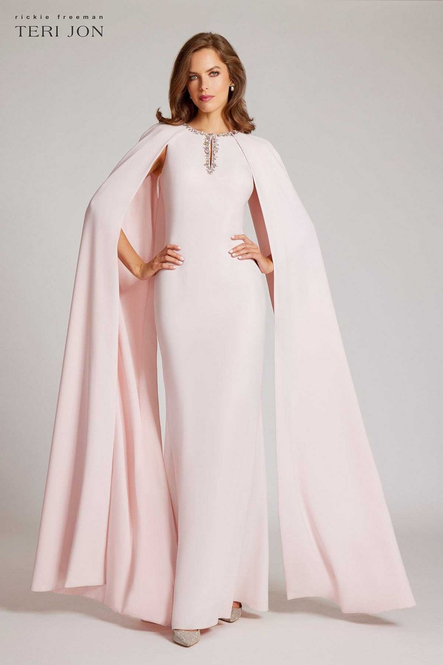 Clothing Teri Jon | Crepe Jewel Trim Cape Gown Blush Pink