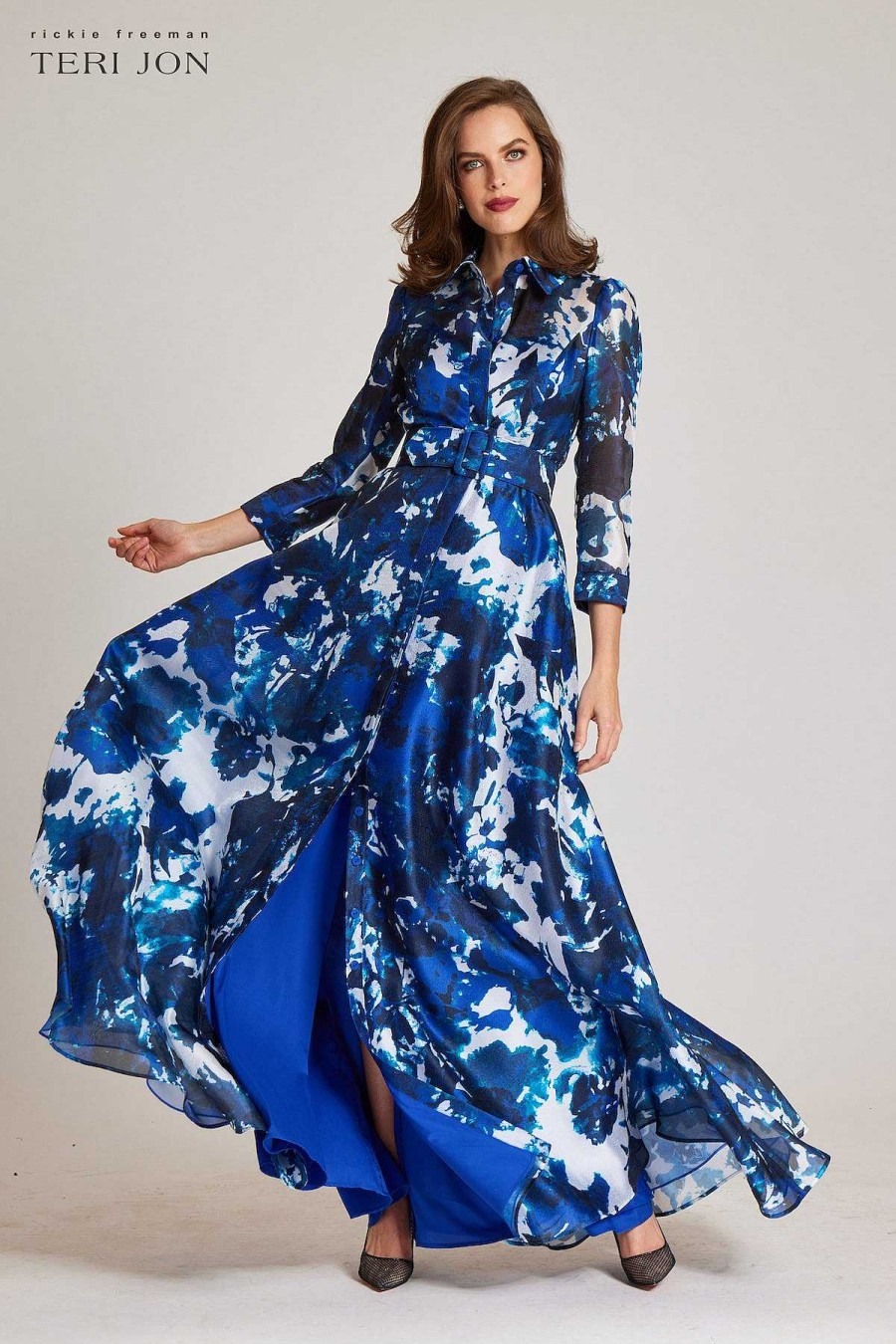 Clothing Teri Jon | Organza Floral Printed Shirt Gown Blue Multi