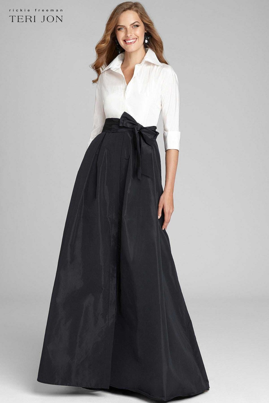 Clothing Teri Jon | 3/4 Sleeve Taffeta Shirt Waist Color Block Gown Black And White