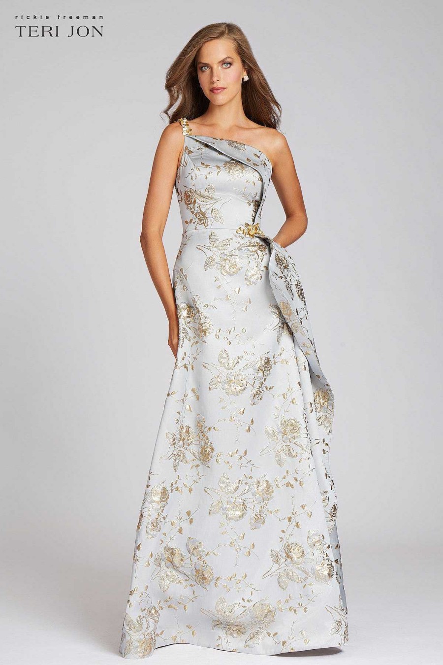 Clothing Teri Jon | Metallic Jacquard Beaded Gown Platinum Gold