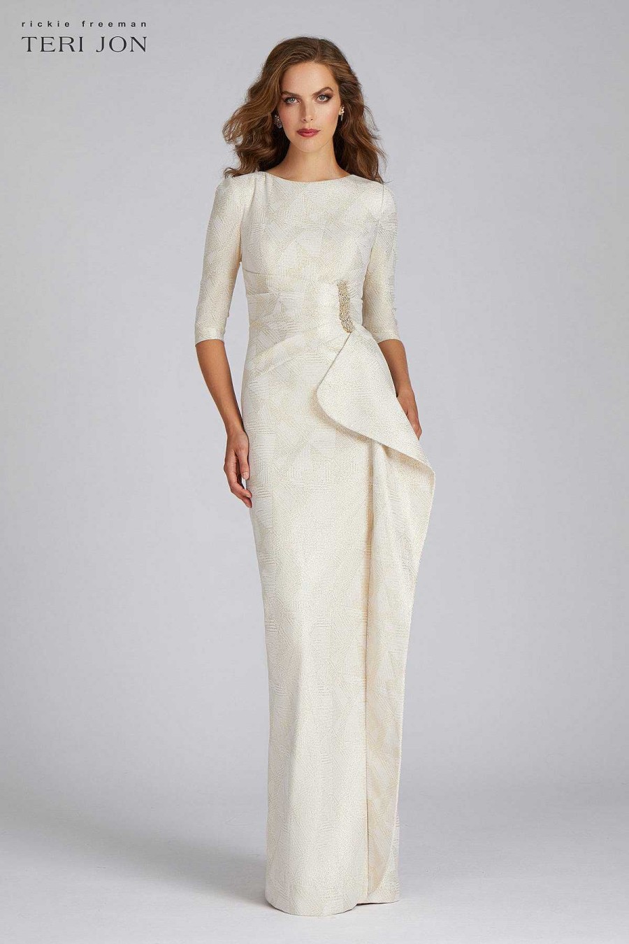 Clothing Teri Jon | Waist Bead Trim Cascade Drape Column Gown