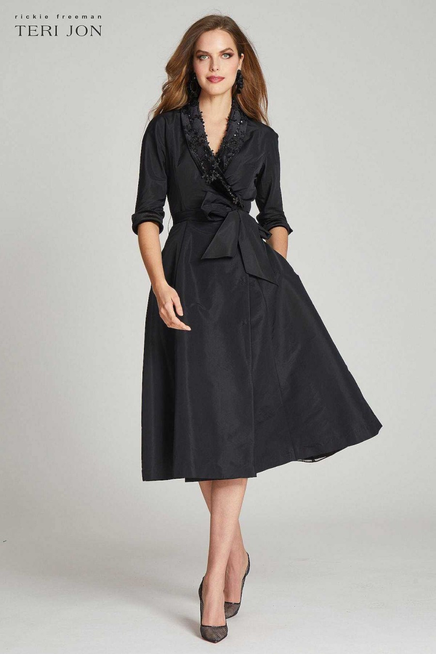 Clothing Teri Jon | Shirt Dress With Velvet Collar And 3D Florals Black