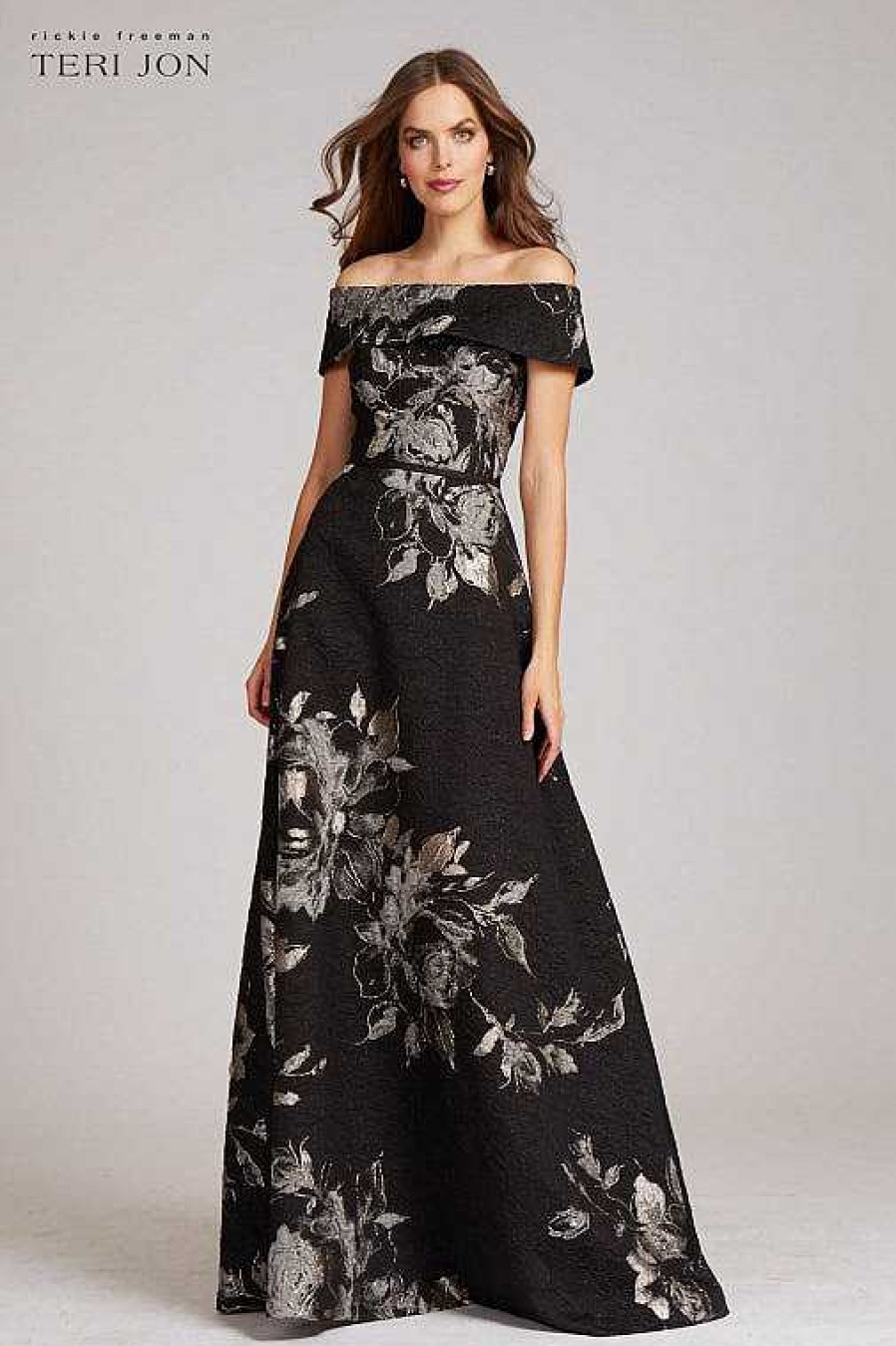 Clothing Teri Jon | Large Floral Pattern Jacquard Off The Shoulder Gown