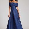 Clothing Teri Jon | Off Shoulder Portrait Metallic Jacquard Aline Sapphire Black