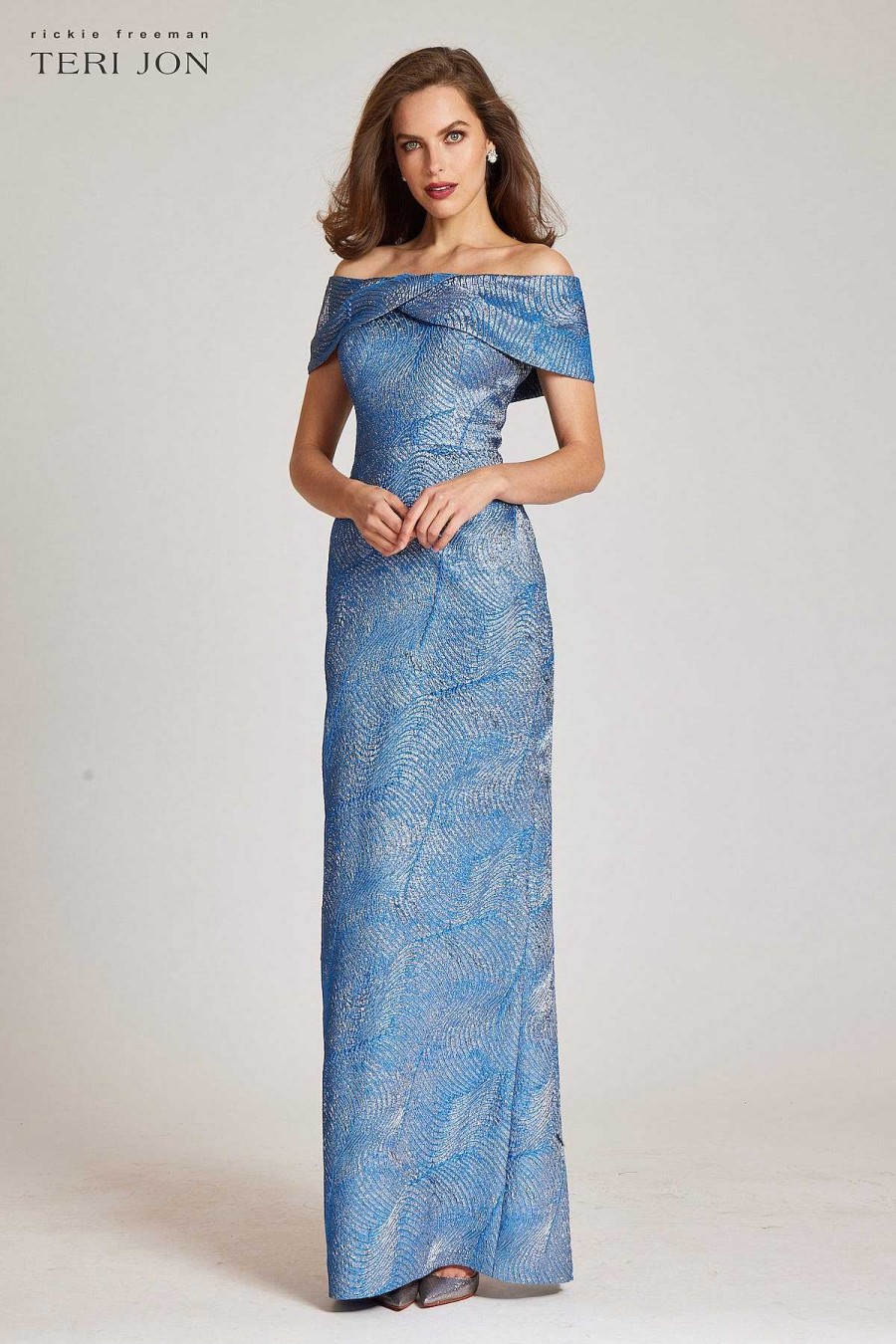 Clothing Teri Jon | Off Shoulder Metallic Jacquard Swirl Pattern Blue Multi