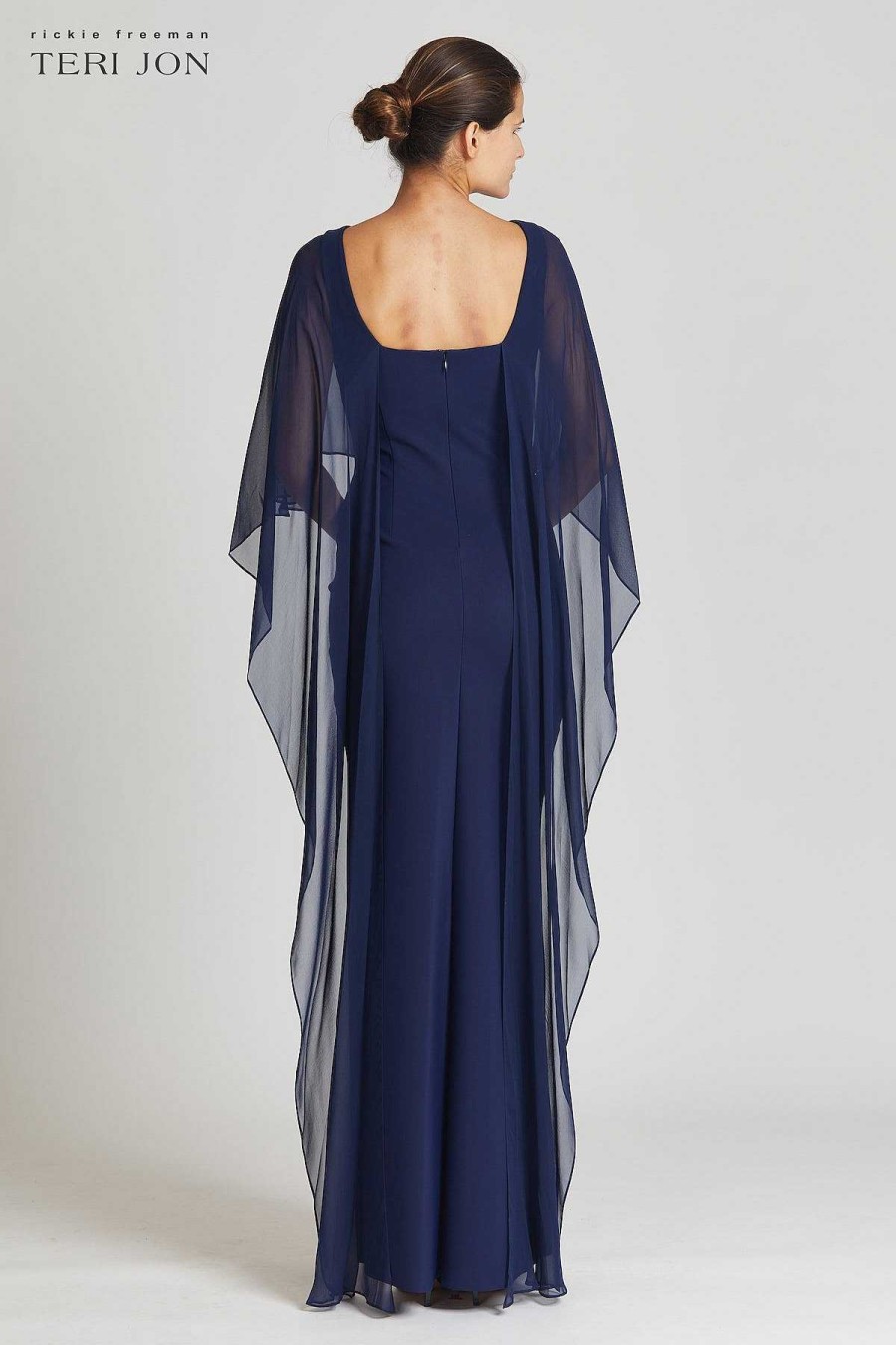 Clothing Teri Jon | Scuba Gown With Chiffon Cape