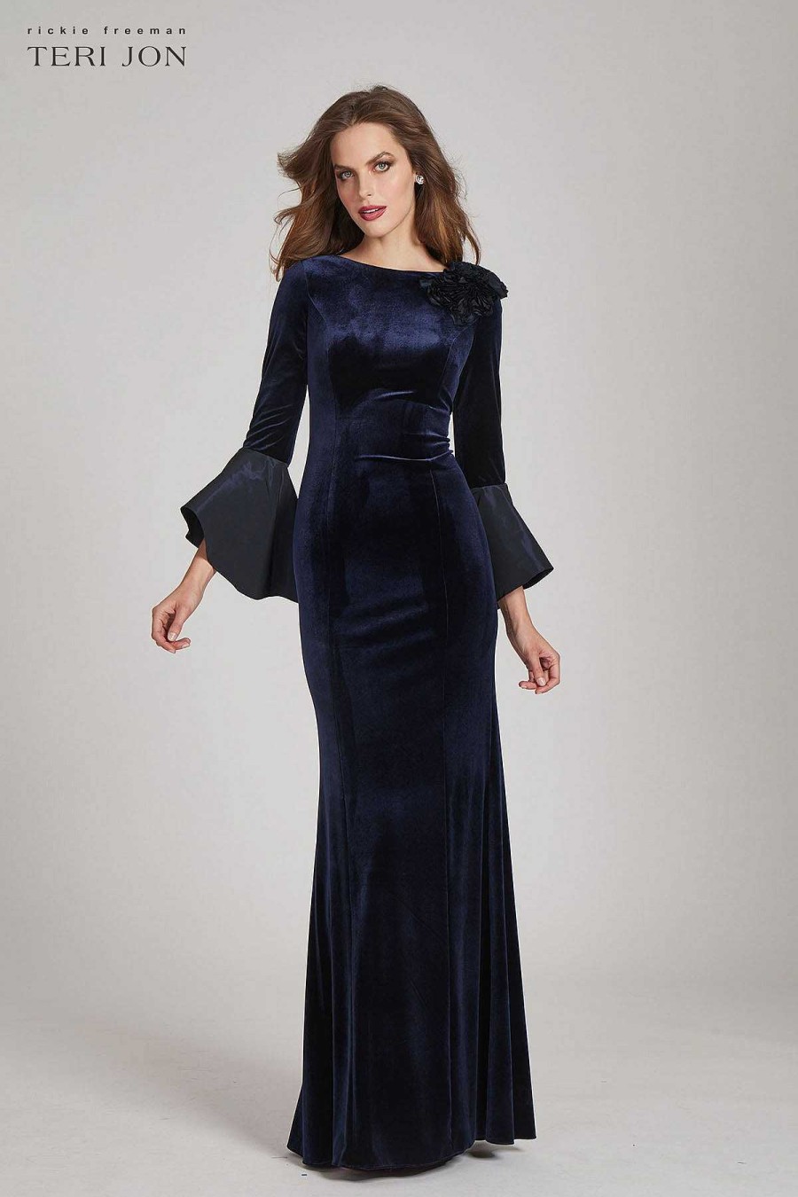 Clothing Teri Jon | Velvet Column Gown With Floral Applique Shoulder