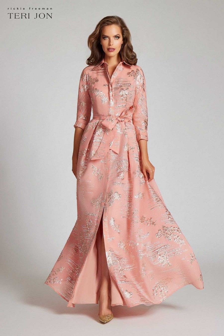 Clothing Teri Jon | Metallic Jacquard Organza Shirtdress Peach