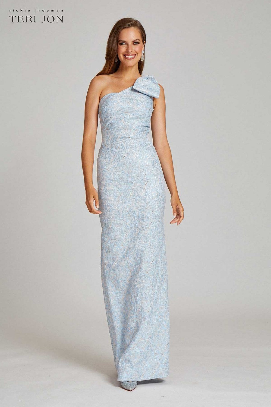 Clothing Teri Jon | One Shoulder With Bow Stretch Jacquard Column Gown Light Blue