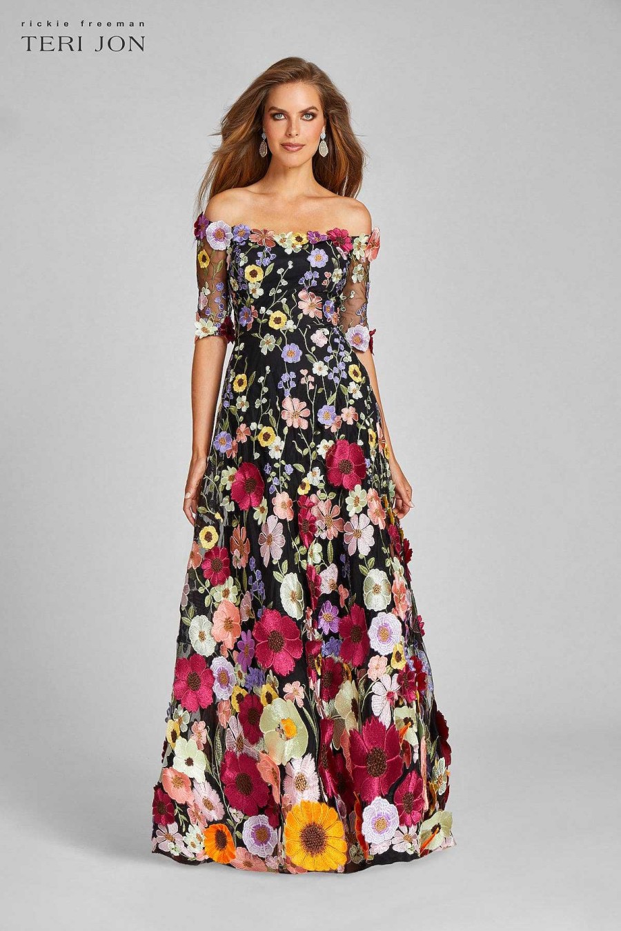 Clothing Teri Jon | Off The Shoulder Elbow Sleeve Floral Appliqued Gown Black Multi