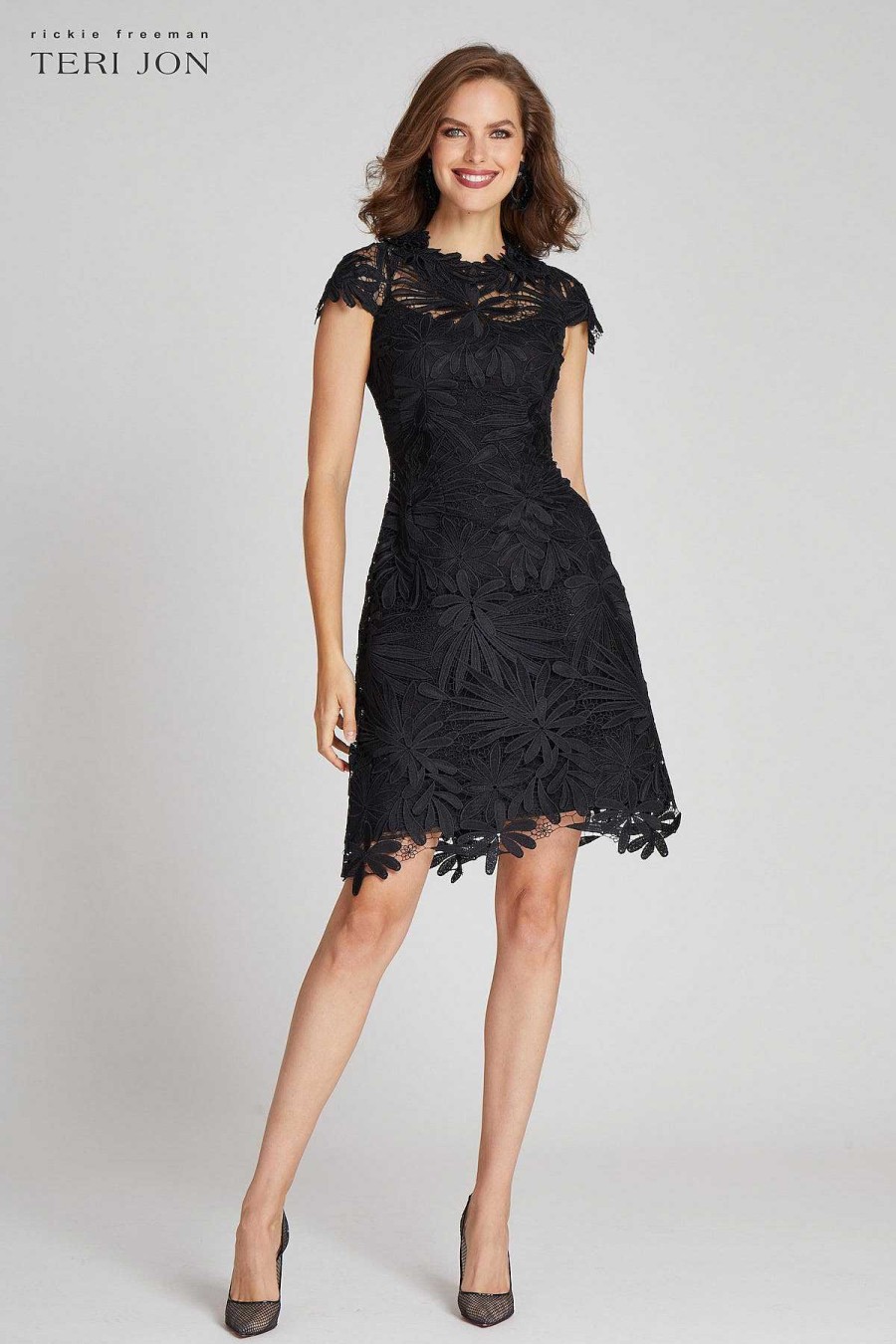 Clothing Teri Jon | 3D Lace Cap Sleeve Dress Black