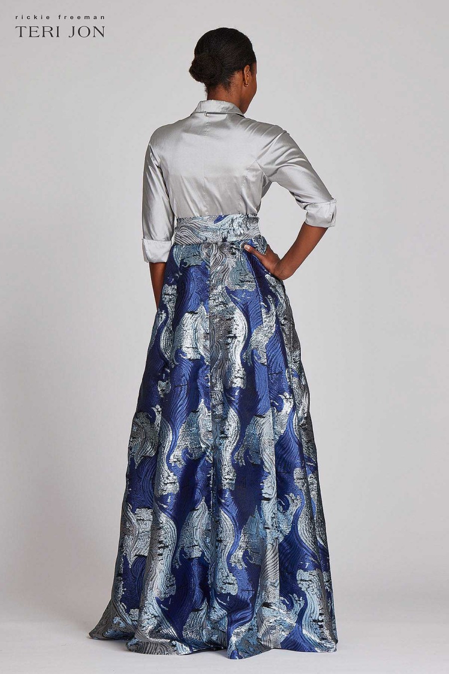 Clothing Teri Jon | Taffeta Shirt Gown With Abstract Organza Skirt Silver Multi