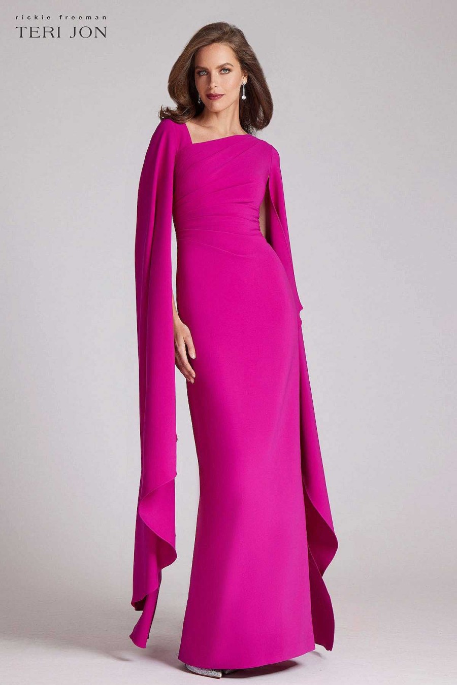 Clothing Teri Jon | Crepe Asymmetrical Neck Gown With Cape Sleeve Cerise