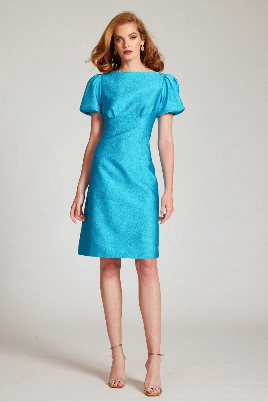 Clothing Teri Jon | Pebble Jacquard Puff Sleeve Dress Azure