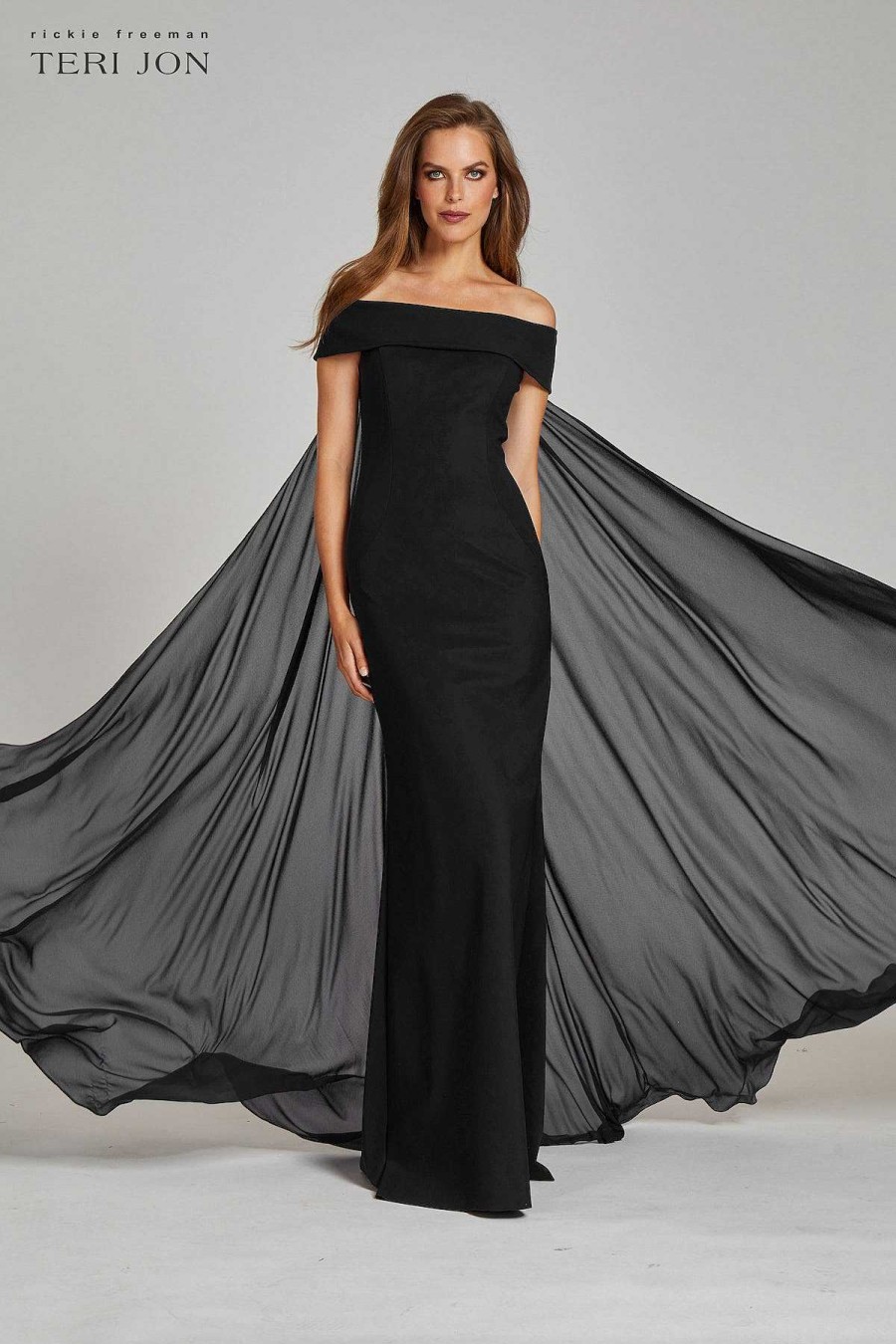 Clothing Teri Jon | Off Shoulder Scuba Gown With Chiffon Cascade Back Drape Black