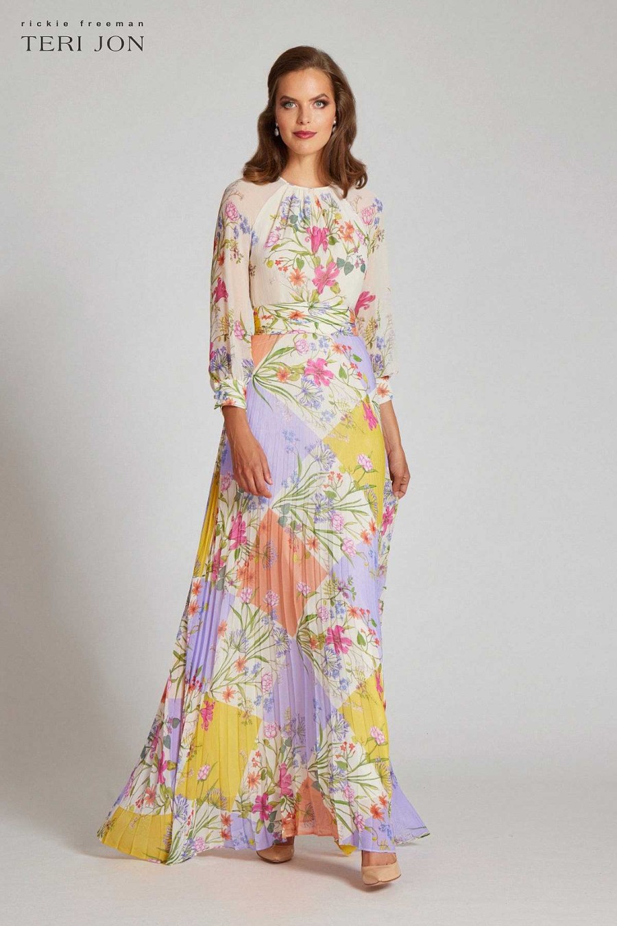 Clothing Teri Jon | Chiffon Patcwork Floral Print Pleated Maxi Dress Ivory Multi