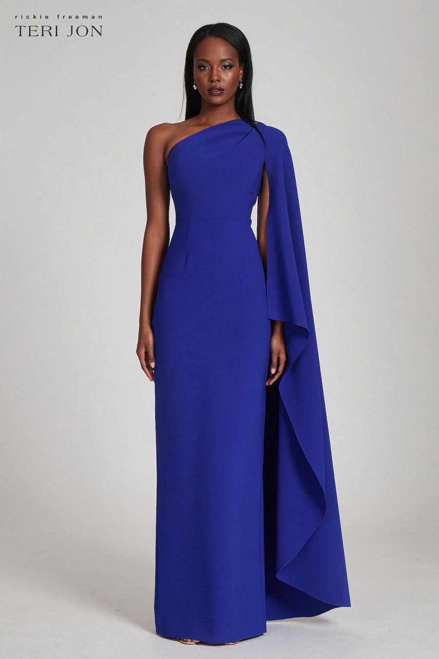 Clothing Teri Jon | Stretch Crepe Cape One Shoulder Sleeve Gown