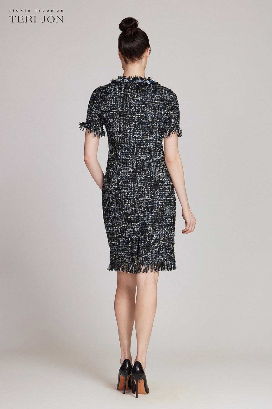 Clothing Teri Jon | Tweed Sheath Dress With Bead Trim Black Multi