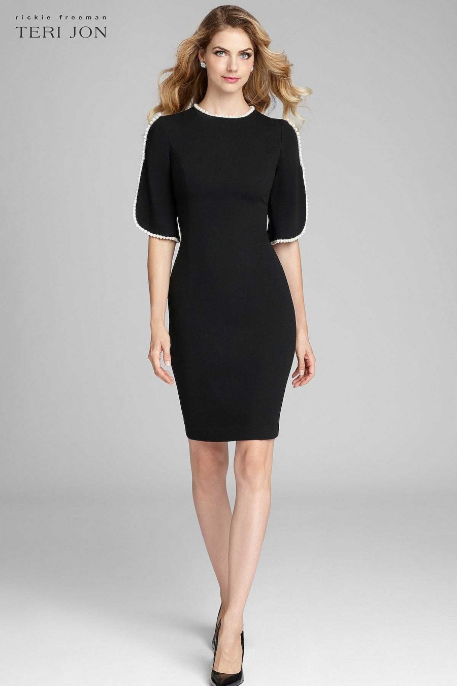 Clothing Teri Jon | Short Sleeve Pearl Trim Crepe Sheath Dress