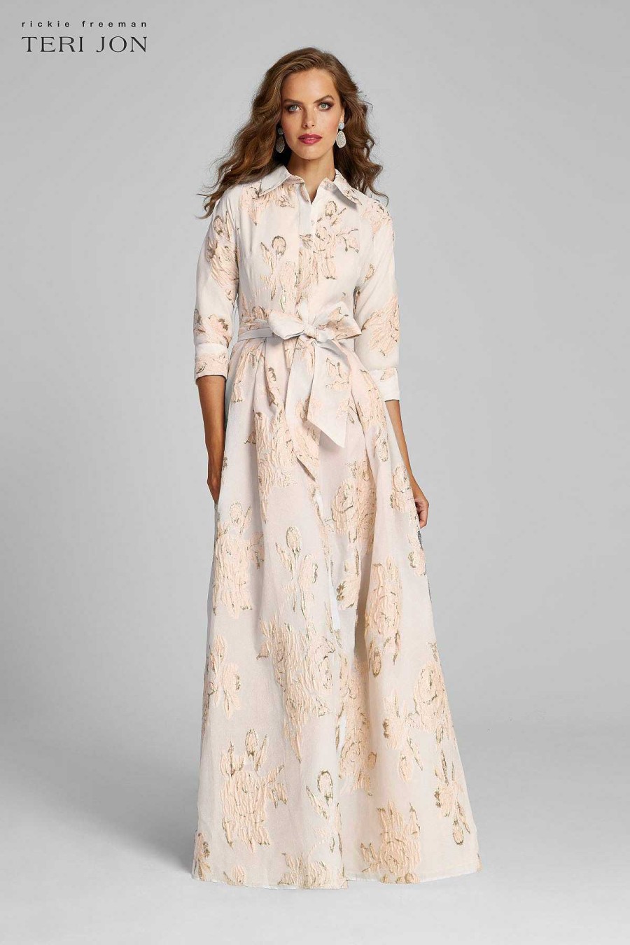 Clothing Teri Jon | Metallic Jacquard Shirtdress Gown With Floral Print