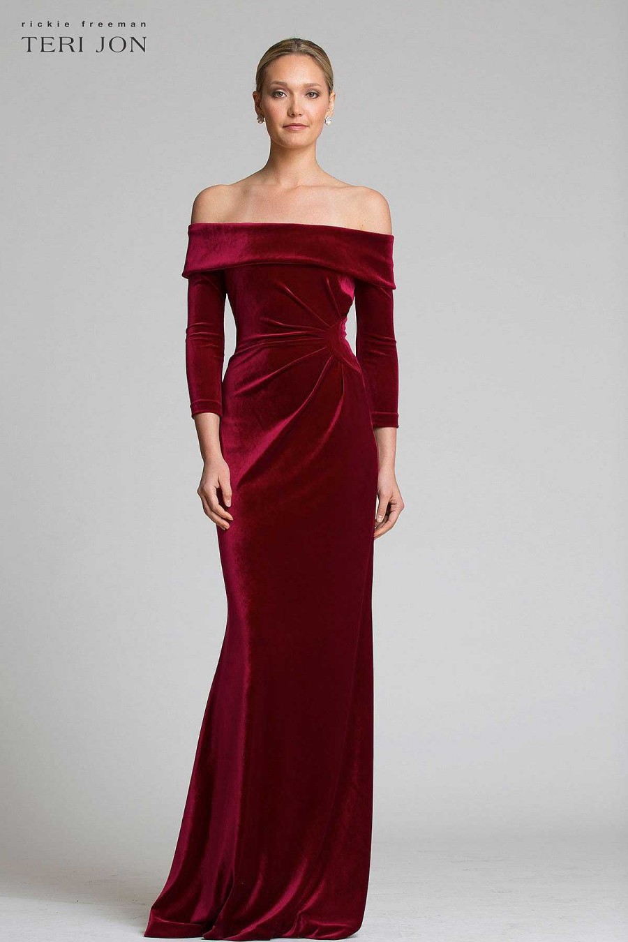 Clothing Teri Jon | Off The Shoulder Stretch Velvet Portrait Collar Column Gown