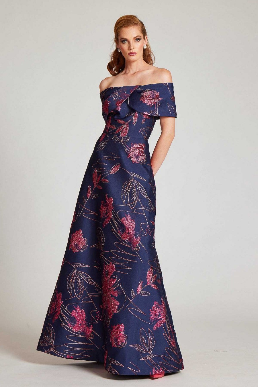 Clothing Teri Jon | Off Shoulder Metallic Jacquard A Line Skirt Gown