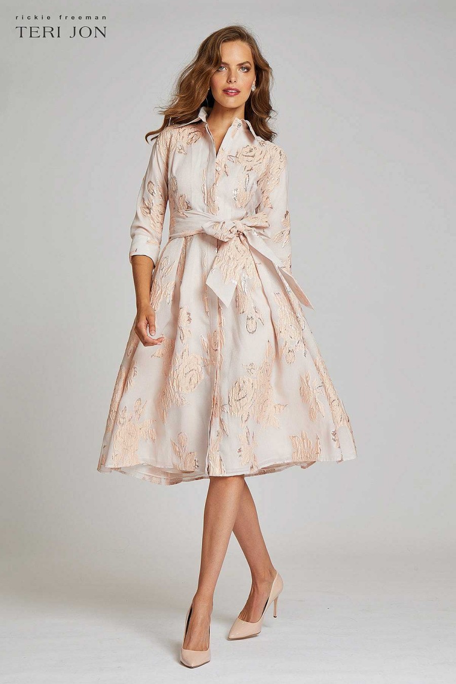 Clothing Teri Jon | Metallic Jacquard Shirt Dress With Floral Print