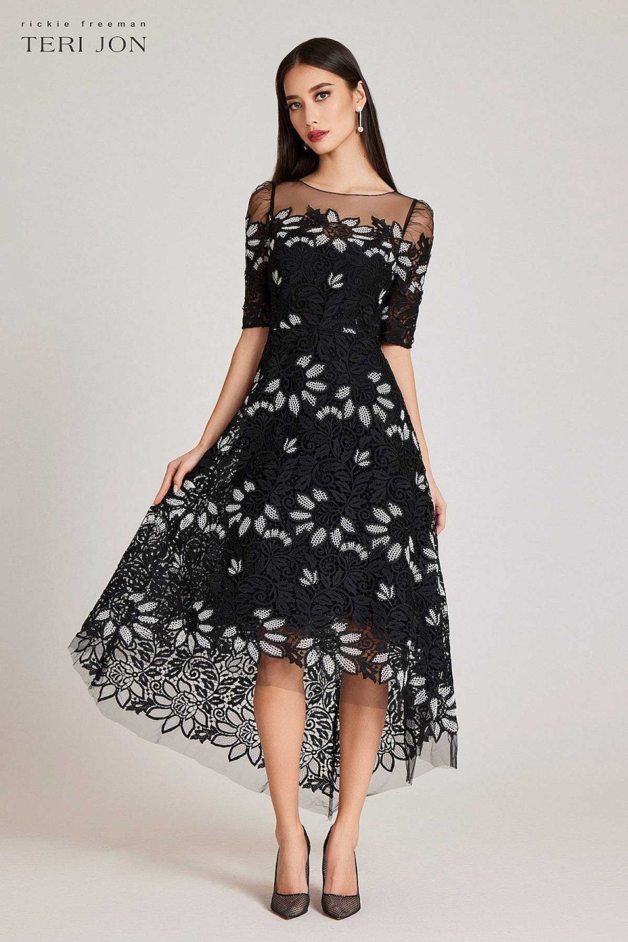 Clothing Teri Jon | Floral 2 Tone Elbow Sleeve Lace High Low Dress Black White