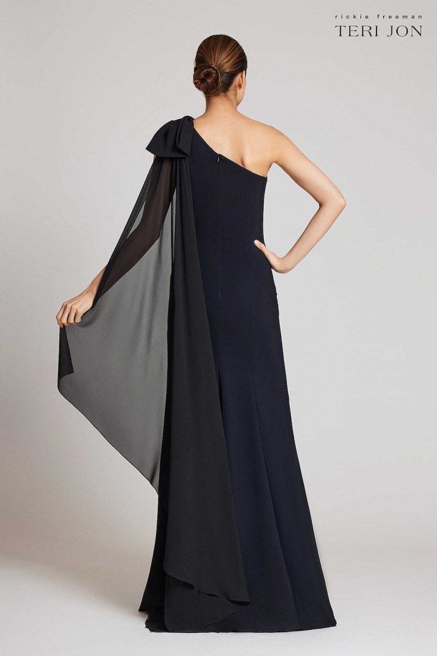 Clothing Teri Jon | One Shoulder Scuba Gown With Chiffon Cape