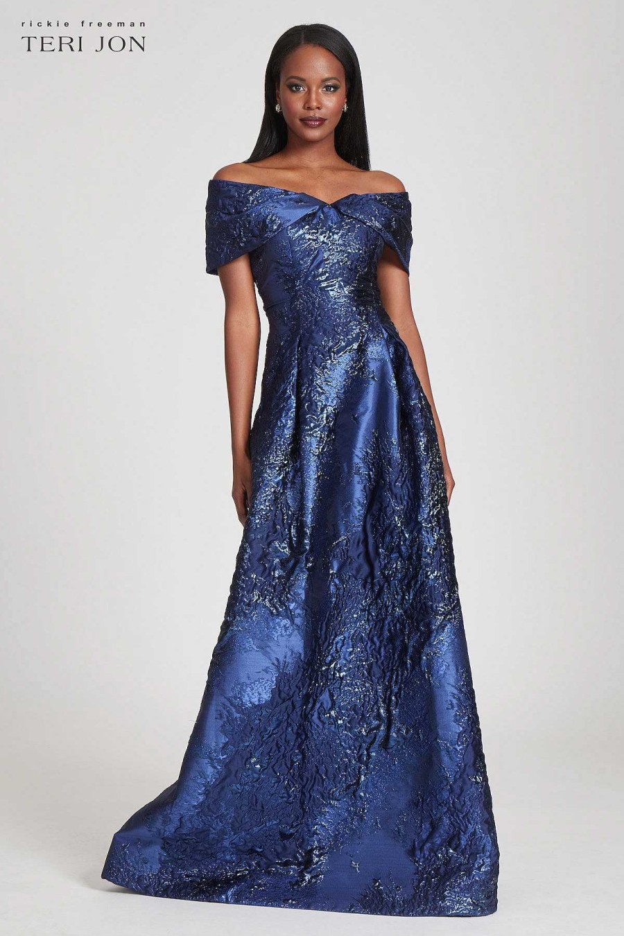 Clothing Teri Jon | Off Shoulder Textured Jacquard Gown