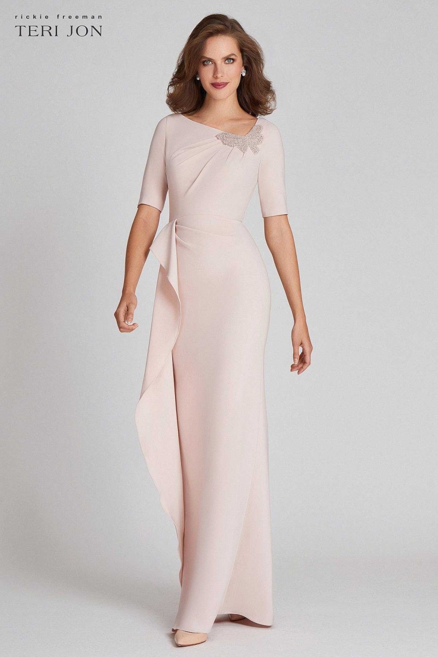 Clothing Teri Jon | Elbow Sleeve Stretch Crepe Draped Gown