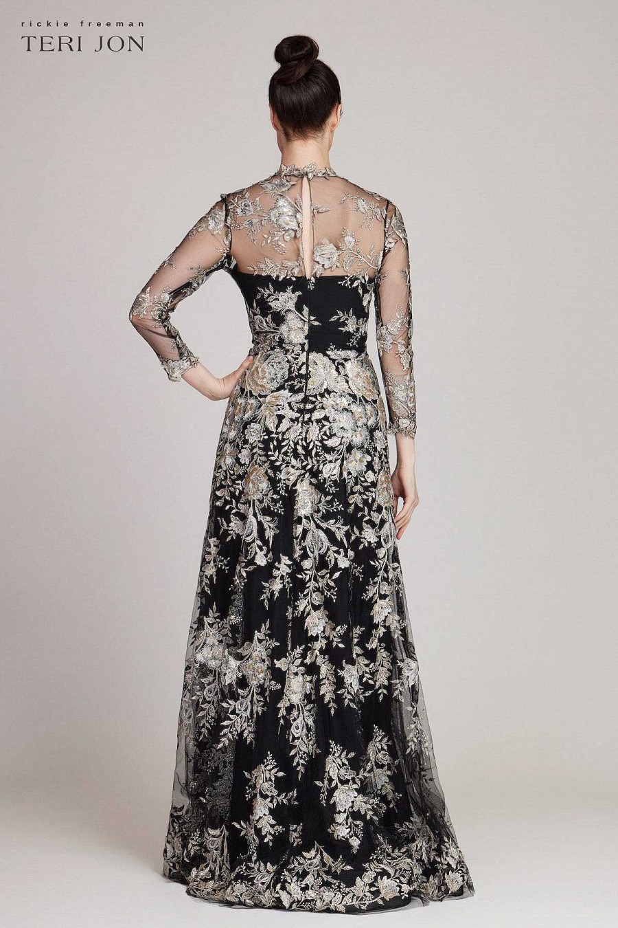 Clothing Teri Jon | High Neck Floral Lace Embroided Tulle Gown Black Champagne