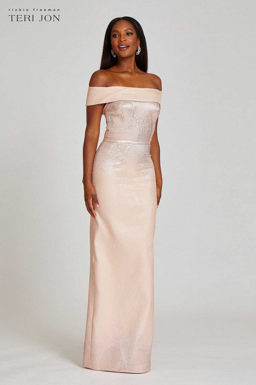 Clothing Teri Jon | Metallic Ribbed Jacquard Off Shoulder Gown