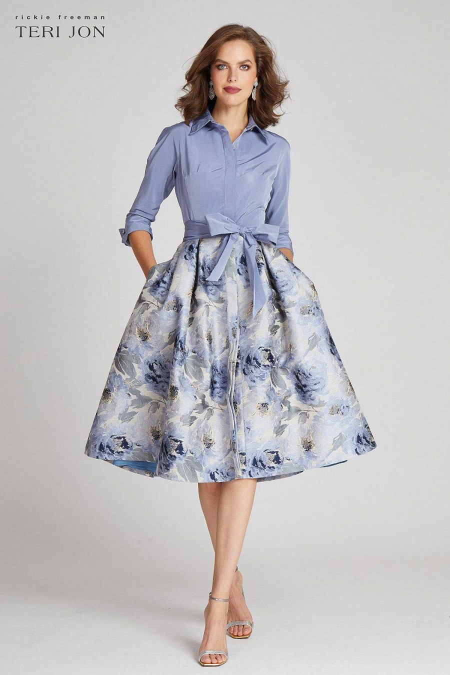 Clothing Teri Jon | Taffeta Shirt Dress With Jacquard Skirt Slate Multi