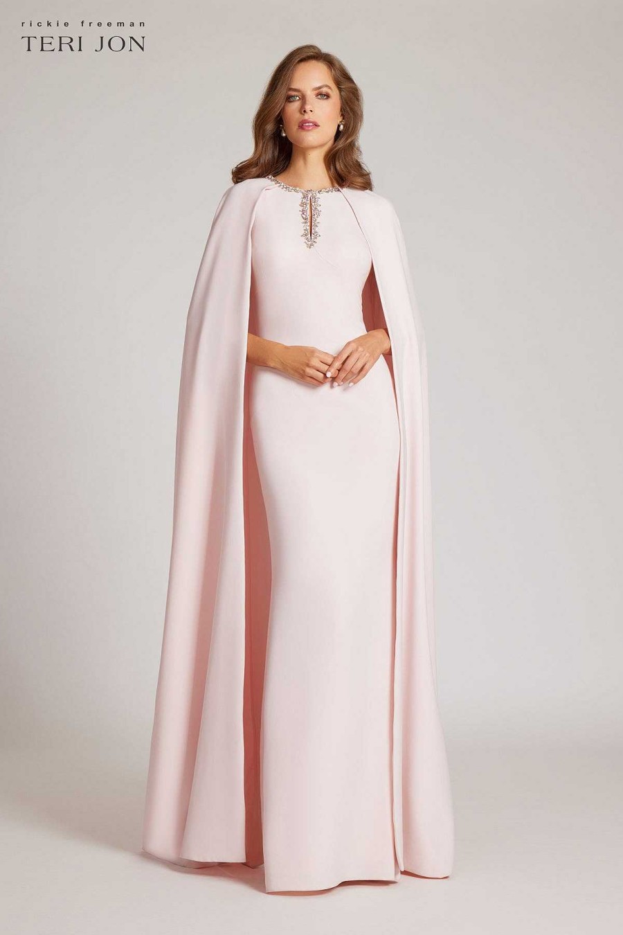 Clothing Teri Jon | Crepe Jewel Trim Cape Gown Blush Pink