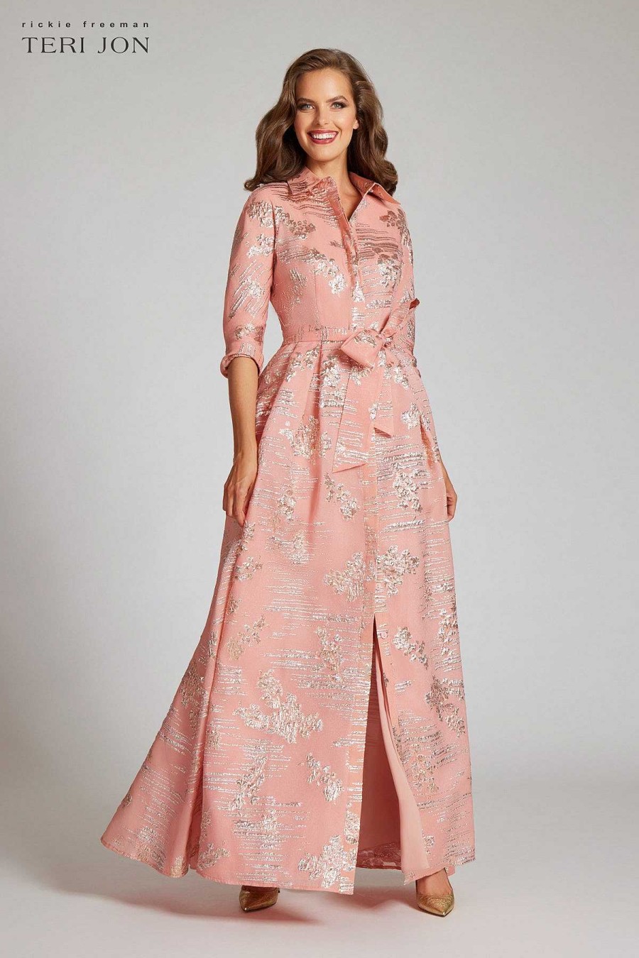 Clothing Teri Jon | Metallic Jacquard Organza Shirtdress Peach