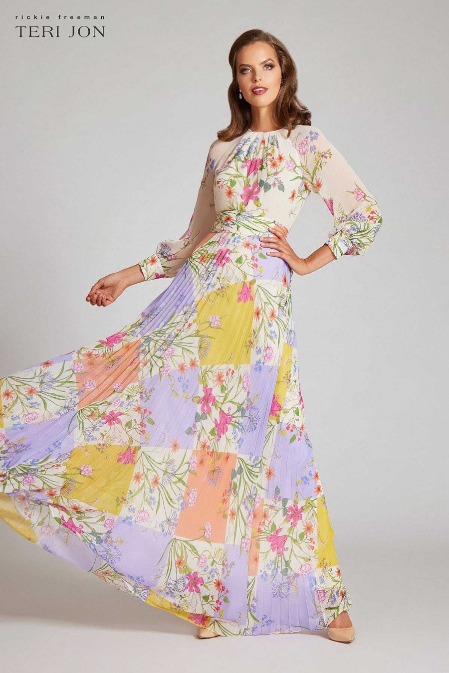 Clothing Teri Jon | Chiffon Patcwork Floral Print Pleated Maxi Dress Ivory Multi