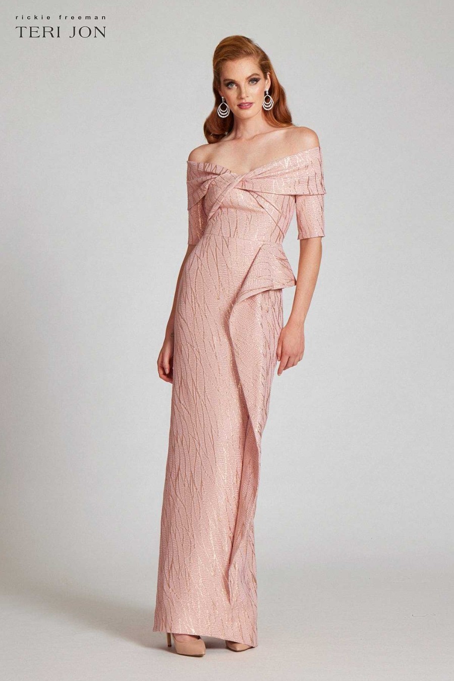 Clothing Teri Jon | Metallic Jacquard Twist Bodice Gown Rose Gold