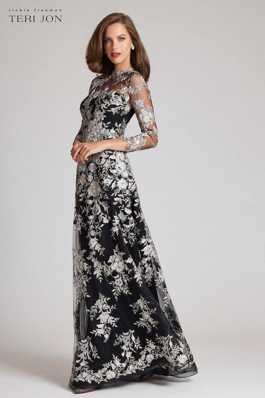 Clothing Teri Jon | High Neck Floral Lace Embroided Tulle Gown Black Champagne