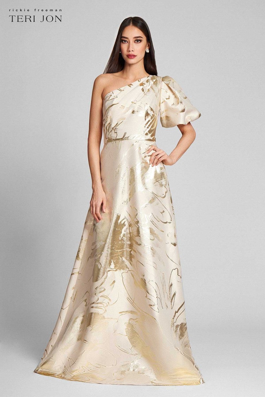 Clothing Teri Jon | One Shoulder Puff Sleeve Patterned A-Line Gown Ivory/Gold