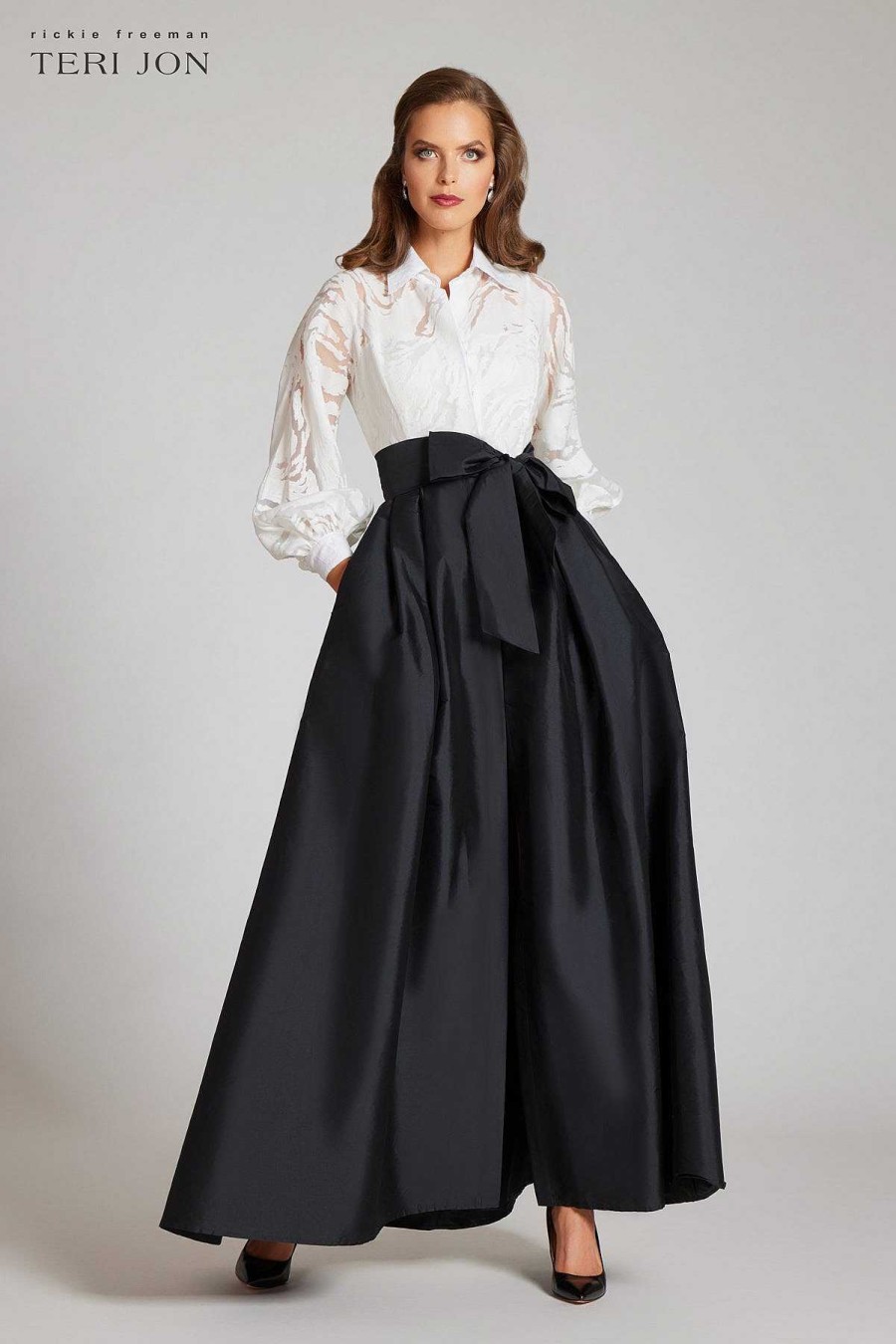 Clothing Teri Jon | Organza Burnout Top With Taffeta Skirt White Black