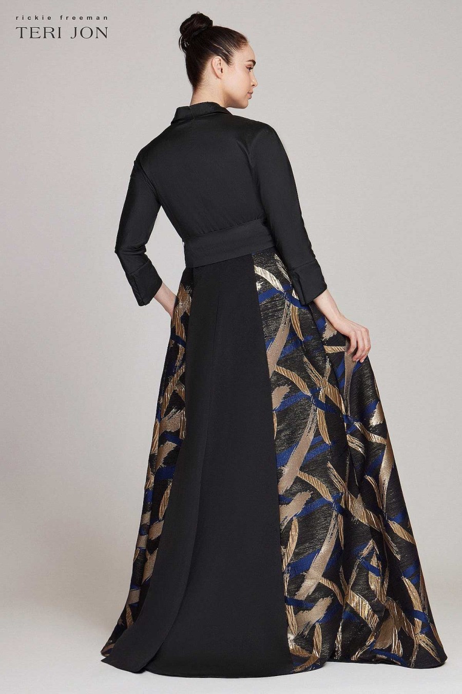 Clothing Teri Jon | Taffeta Shirtdress With Patterned Jacquard Skirt Black Multi