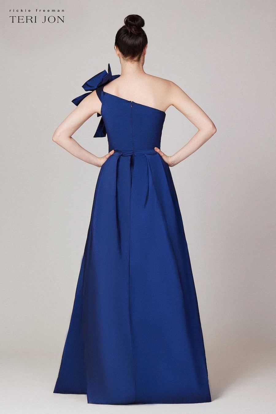 Clothing Teri Jon | Stretch Taffeta One Shoulder Bow Trim Side Sapphire