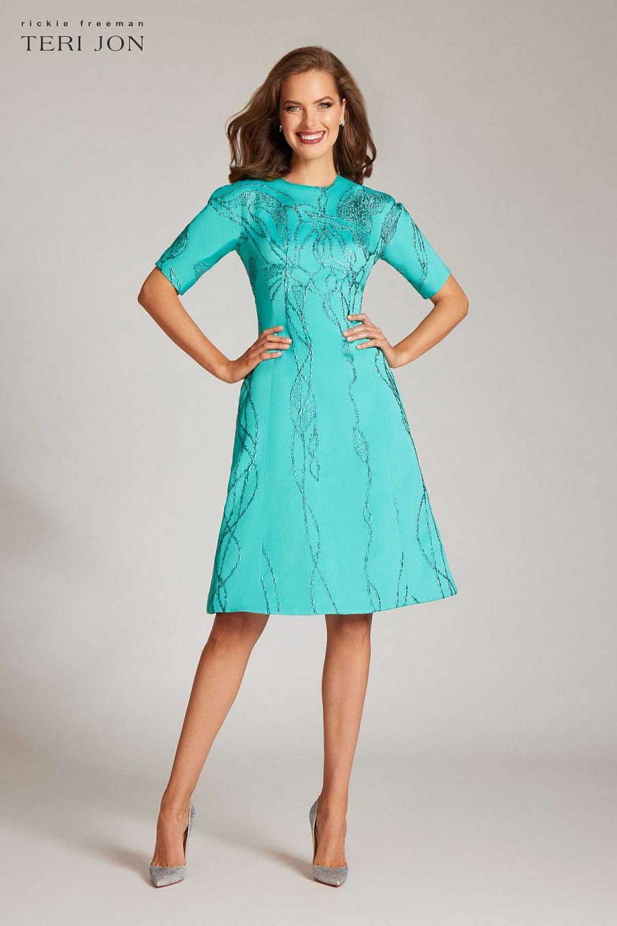 Clothing Teri Jon | Jacquard Elbow Sleeve Fit And Flare Dress Turquoise